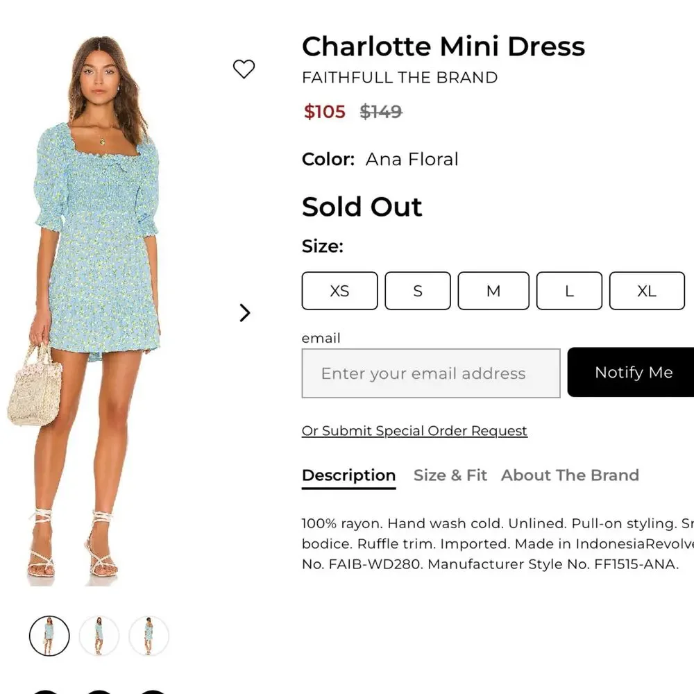 Faithfull the Brand Charolette Smocked Mini Dress Blue Yellow XL - Picture 9 of 9